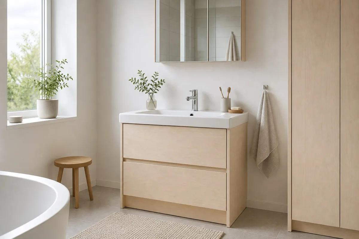 Ljus minimalistisk kommod med vitt tvättställ