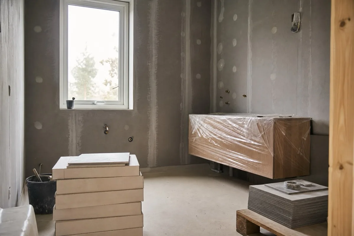 Badrum mitt i renovering med tätskikt på väggarna och inplastad kommod som väntar på montering