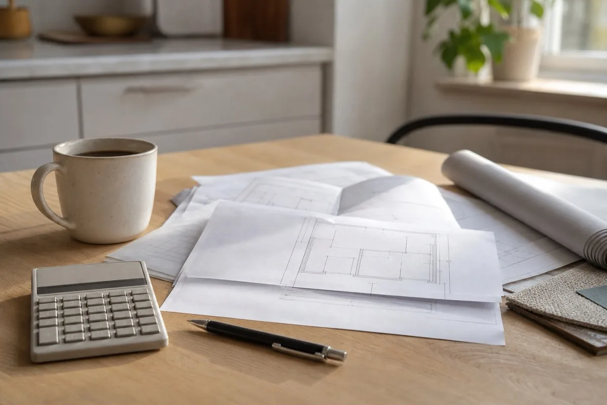 Köksbord med miniräknare, ritning och kaffekopp — budgetplanering för renovering
