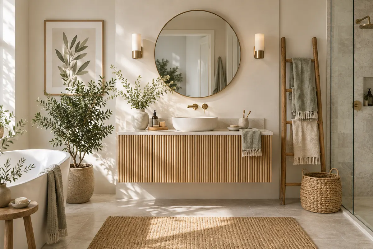 Genrebild: ljust badrum i beige och salvia med ribbad ekkommod, rund spegel, handduksstege med linnehanddukar, krukväxter och inramat botaniskt tryck