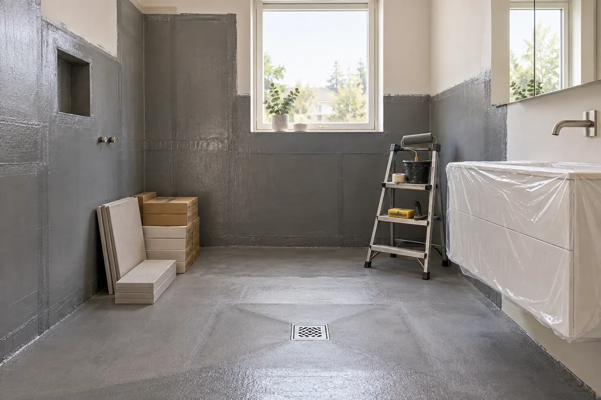 Badrum mitt i renovering med grått tätskikt, ny golvbrunn i fallande golv, kakelkartonger och inplastad kommod