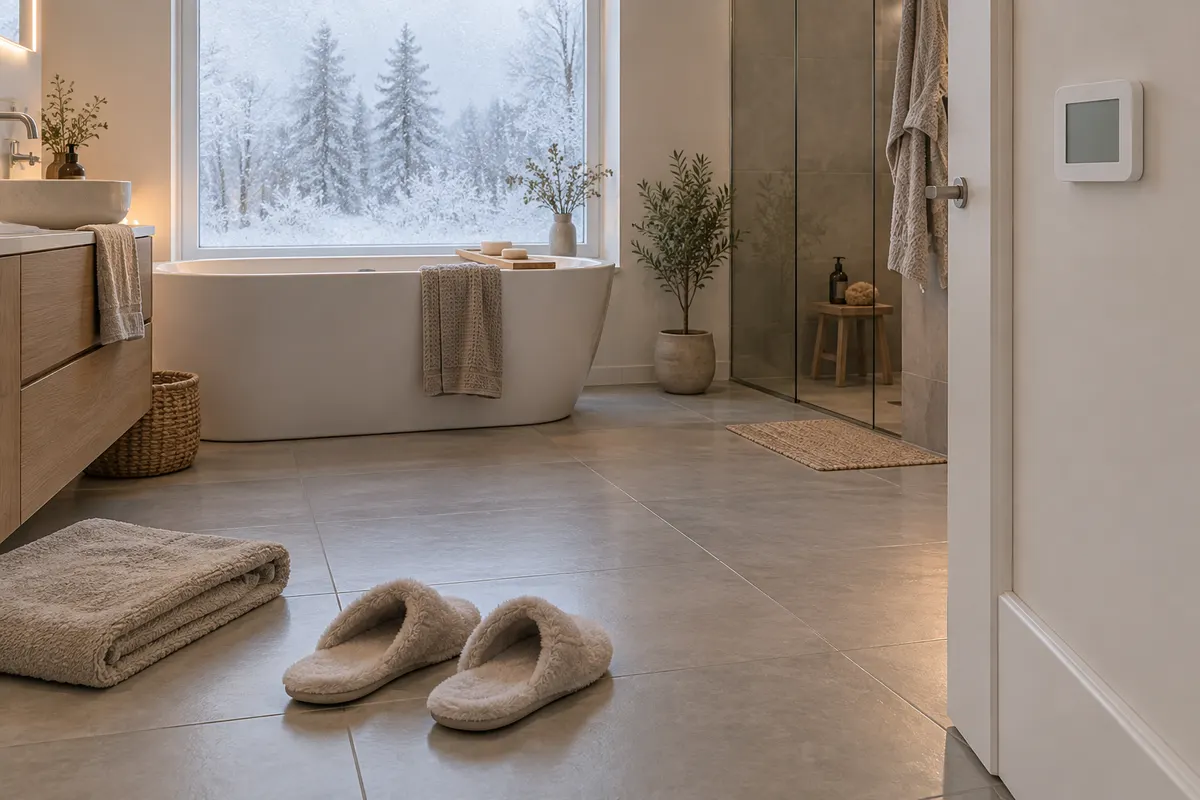 Ljusgrått klinkergolv en vintermorgon med tofflor, frost utanför fönstret och en termostat på väggen