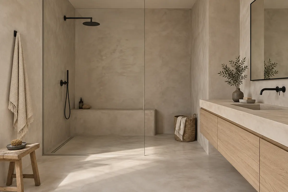 Fogfria väggar, golv och duschbänk i varm gråbeige microcement med vägghängd kommod i ljus ek